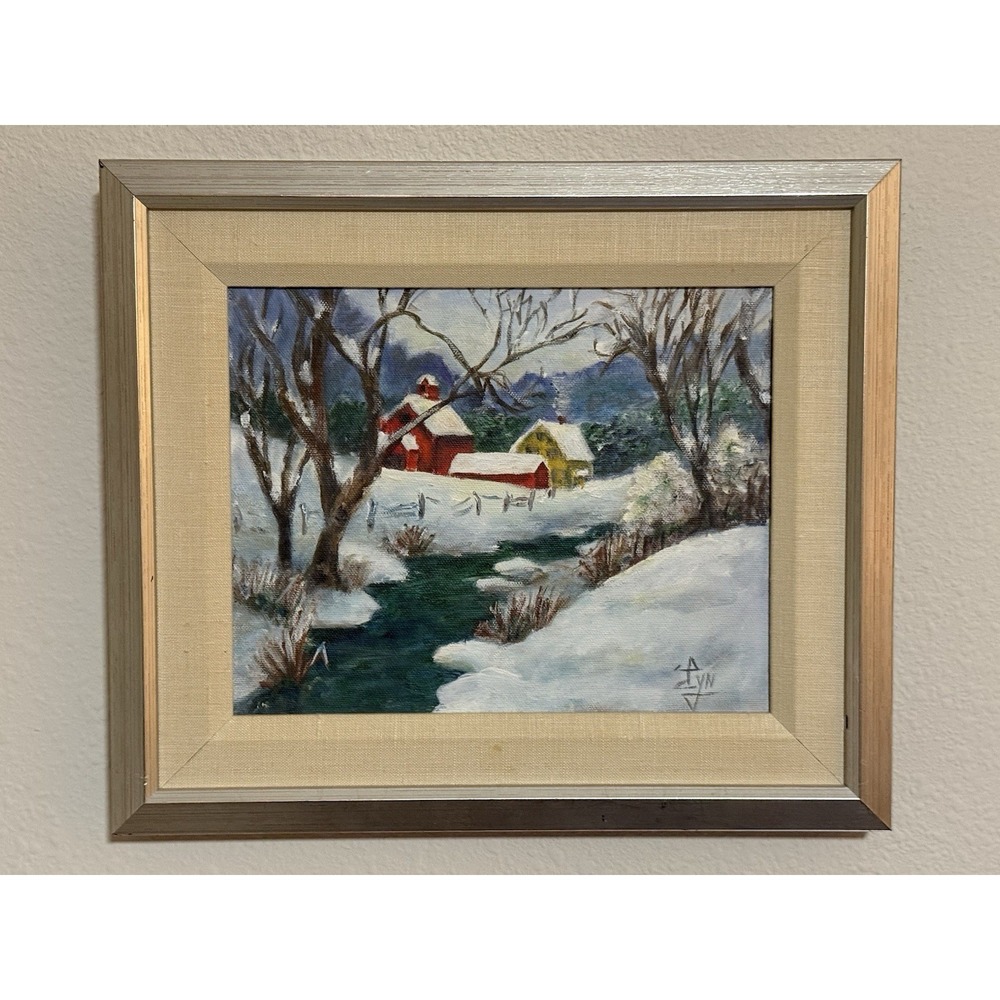 Vintage Original Lyn Signed Framed Painting Winter Snow Landscape Farm Small - Picture 3 of 10